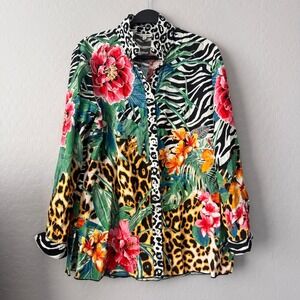 John Mark Large Button Down Shirt Multicolor Long Sleeve Animal Floral Print